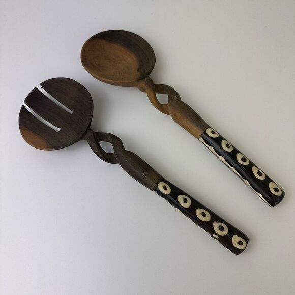 Vgt‎ African Twisted Carved Painted Wood Fork & Spoon Ladle Tribal Set - Picture 1 of 10